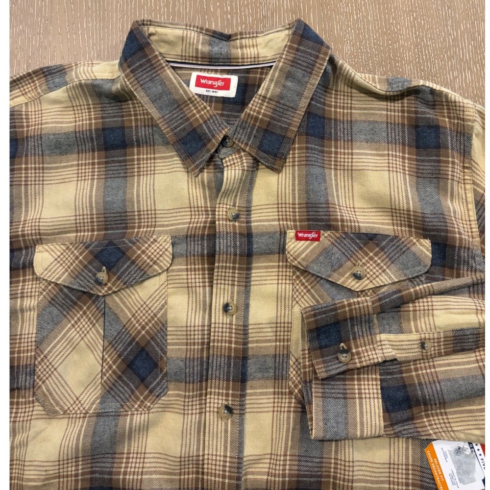 Wrangler Mens Long Sleeve‎ Plaid Flannel Shirt Tan Blue 2XL 112373845